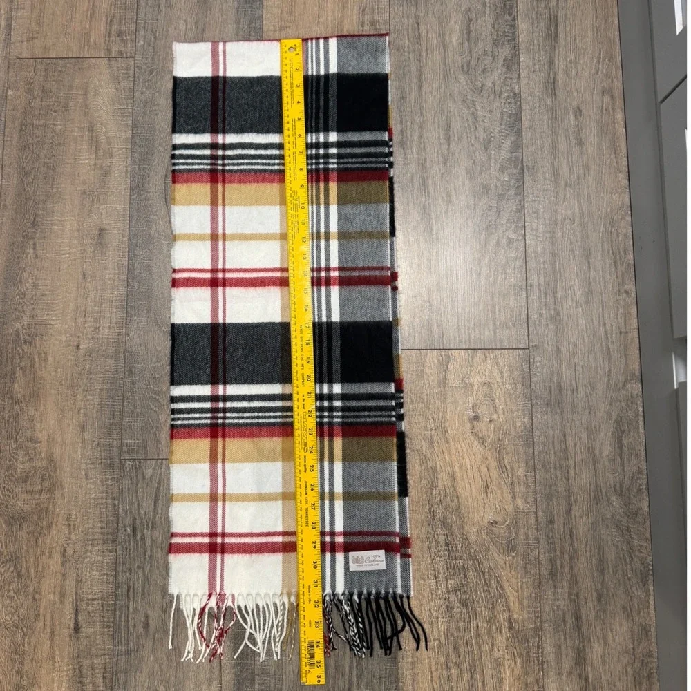100% Cashmere‎ Plaid Scarf with Fringe Made in England Red Black White Gold